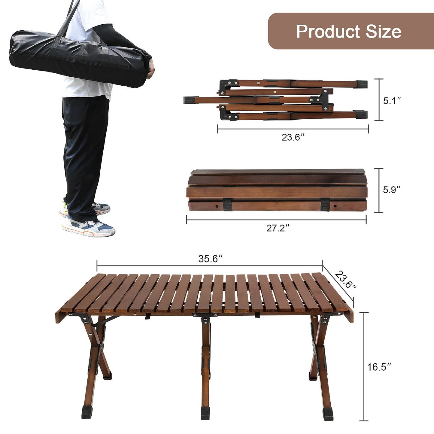 Camping Table, Wooden Folding Picnic Table in a Carry Bag